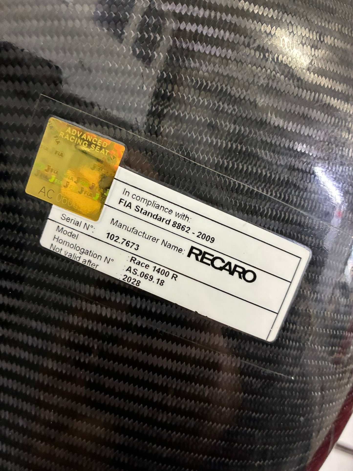 Used. Recaro Race 1400 R Full carbon seat. Homo till 2028